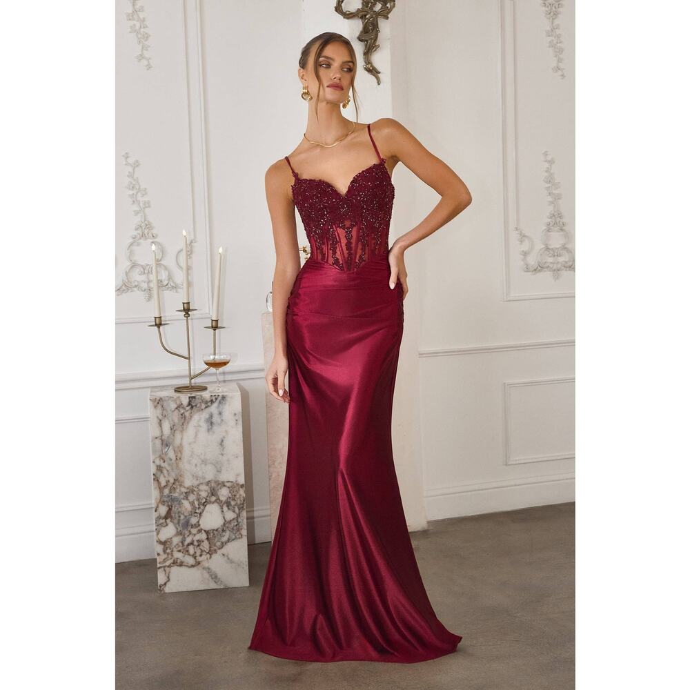 Amoris T819 Corset Mermaid Dress Womens XXS Burgundy Satin Gala Elegant NWT